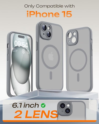 TOCOL for Phone 15 Case, Compatible with Magsafe Charger, Full Camera Protection, Drop Protection, Translucent Matte Phone Case for iPhone 15 6.1 inch (Gray)