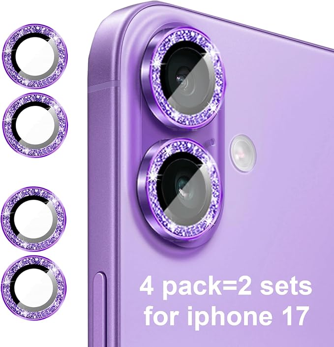 Compatible for iPhone 17/17 Pro/iPhone 17 Pro Max Camera Lens Protector Bling, Cute Sparkle Glitter Camera Cover for Women, Individual Ring, Anti-Scratch (3 Protectors + 1 Extra), Purple