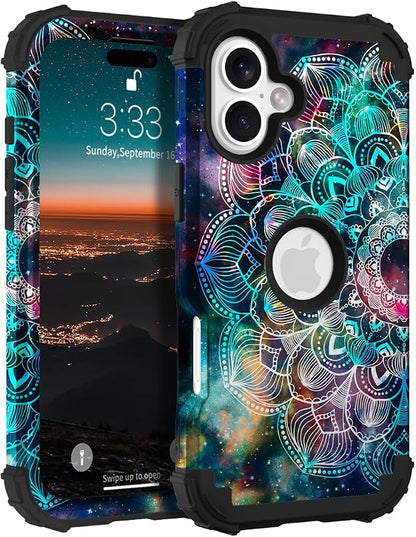 Hocase for iPhone 16 Case 6.1", Heavy Duty Shockproof Protection Soft Silicone Rubber+Hard Plastic Bumpers Hybrid Protective Case for iPhone 16 2024 - Mandala in Galaxy