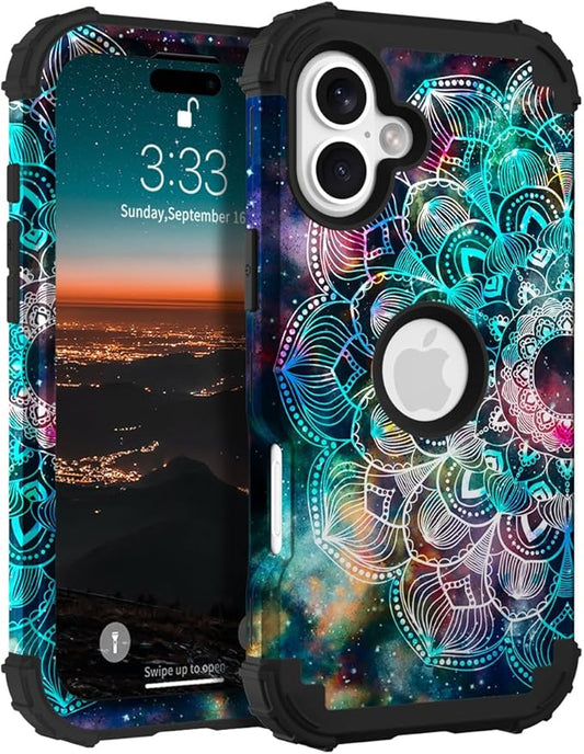 Hocase for iPhone 17 Case 6.3", Heavy Duty Shockproof Protection Soft Silicone Rubber+Hard Plastic Bumpers Hybrid Protective Case for iPhone 17 2025 - Mandala in Galaxy