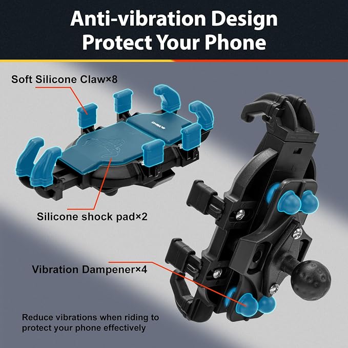 ELVANO Motorcycle Phone Mount Holder: Anti-Shake Phone Holder with Vibration Dampener for 4.7-7.2" Smartphone, Heavy Duty Adjustable Cellphone Clip Fits 0.6-1.3" Handlebar for Bike Bicycle Scooter ATV