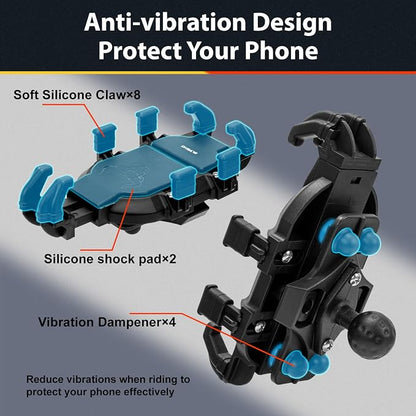 ELVANO Motorcycle Phone Mount Holder: Anti-Shake Phone Holder with Vibration Dampener for 4.7-7.2" Smartphone, Heavy Duty Adjustable Cellphone Clip Fits 0.6-1.3" Handlebar for Bike Bicycle Scooter ATV
