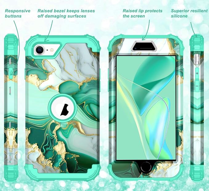 Hocase for iPhone SE 2022/2020 Case, Heavy Duty Shockproof Protection Hard Plastic+Silicone Rubber Hybrid Protective Case for iPhone SE 3rd/2nd Generation (4.7") - Mint Green