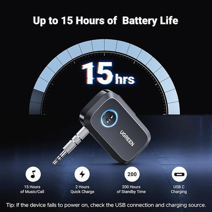 UGREEN Bluetooth 5.4 Car Adapter, Hands-Free Call & Noise Cancelling AUX to Bluetooth Adapter for Car, 3.5mm Audio Blue-Tooth Receiver for Cars Stereo Home Speaker - 15H Battery Life