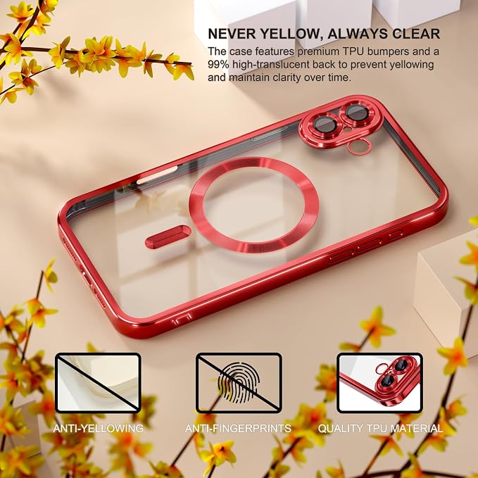 Misea Magnetic for iPhone 17 Case Compatible with MagSafe [Never Yellowing] [Military Grade Drop Protection] Full Camera Lens Protector Plating Soft Clear Phone Case for Women, Red