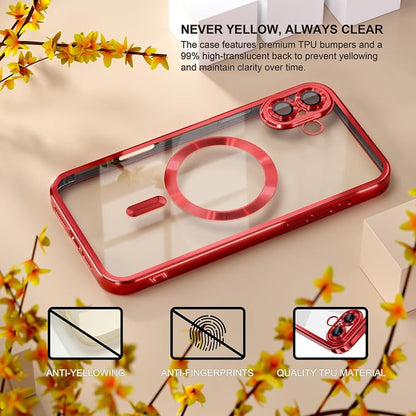 Misea Magnetic for iPhone 17 Case Compatible with MagSafe [Never Yellowing] [Military Grade Drop Protection] Full Camera Lens Protector Plating Soft Clear Phone Case for Women, Red
