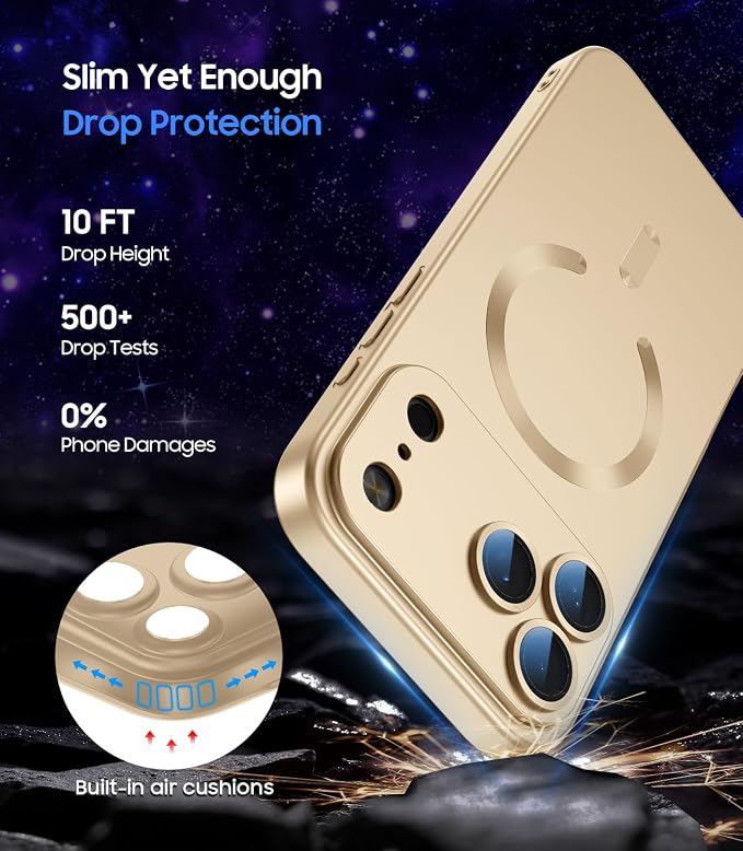 Magnetic for iPhone 17 Pro Case [Compatible with MagSafe][Built-in Camera Lens Protector] Slim Thin Soft Silicone Bumper Shockproof Metallic Luster Phone Case (Gold)