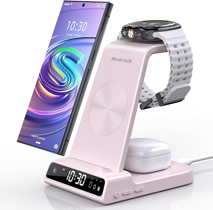 Wireless Charger Samsung Charging Station: 3 in 1 Android Charging Stand with Dimmable Clock - Nightstand Organizer for Galaxy S25 Ultra S24, Galaxy Watch 8 7 6 5 4, Galaxy Buds, Space-Saving Charger
