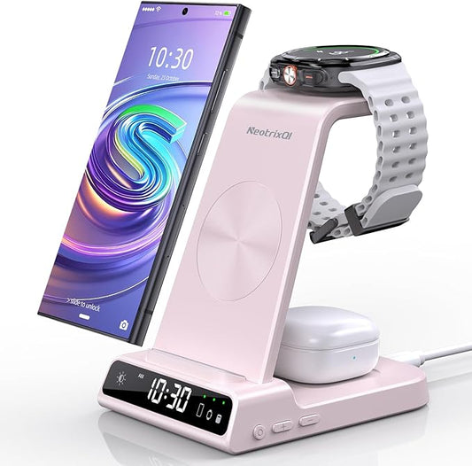 Wireless Charger Samsung Charging Station: 3 in 1 Android Charging Stand with Dimmable Clock - Nightstand Organizer for Galaxy S25 Ultra S24, Galaxy Watch 8 7 6 5 4, Galaxy Buds, Space-Saving Charger