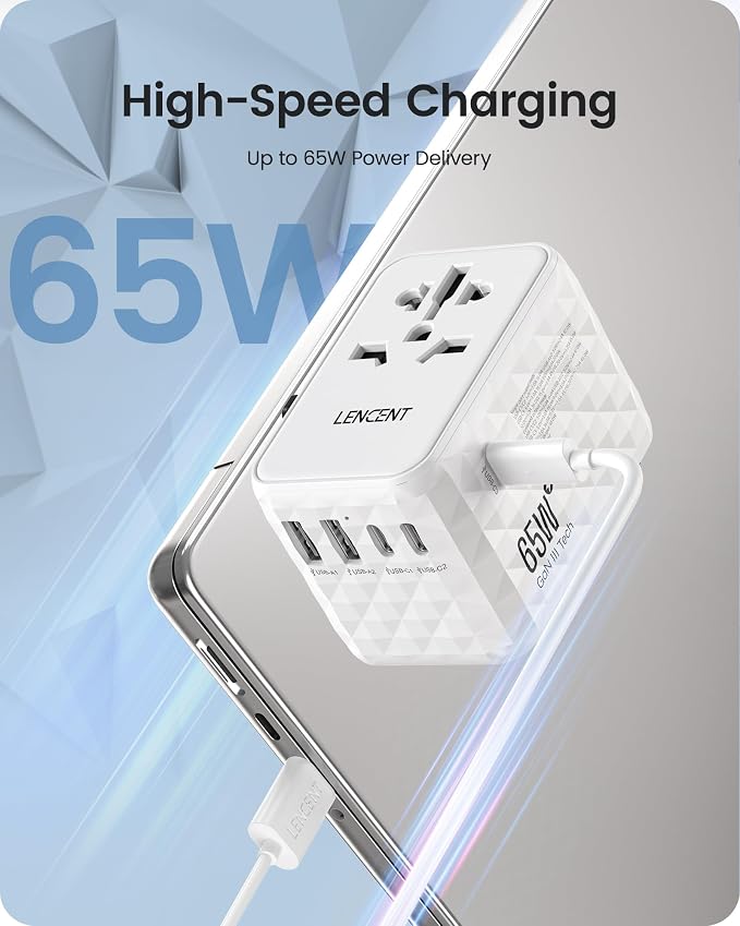 LENCENT 65W International Travel Adapter, Universal Travel Adapter | with 2 USB-A & 3 PD Type C Power Outlet, Fast Charging for Phone,Laptops, All-in-One Outlet Converter for USA/UK/EU/AUS-White