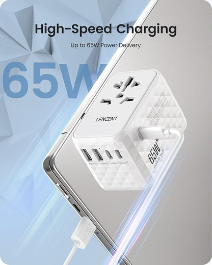 LENCENT 65W International Travel Adapter, Universal Travel Adapter | with 2 USB-A & 3 PD Type C Power Outlet, Fast Charging for Phone,Laptops, All-in-One Outlet Converter for USA/UK/EU/AUS-White