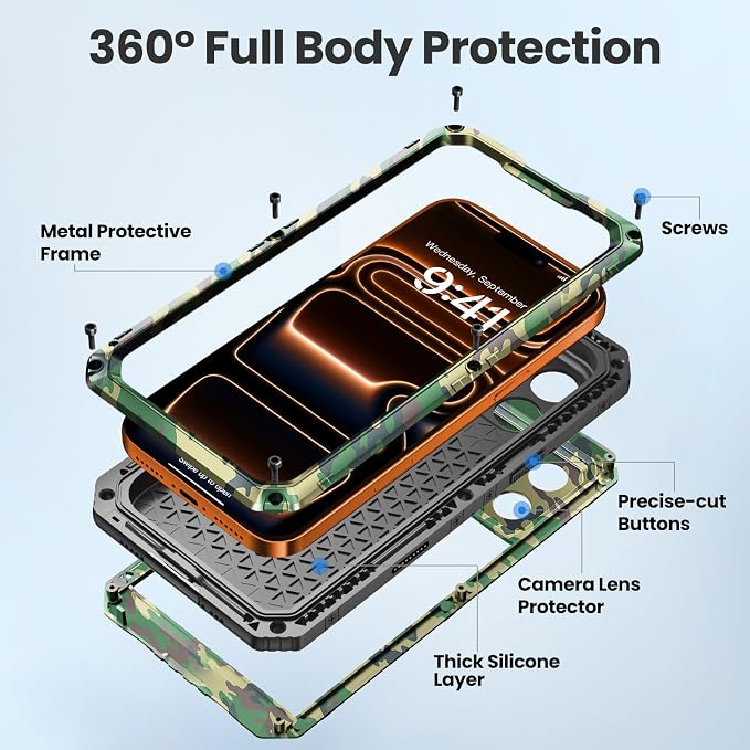 Mitywah Waterproof Case for iPhone 17 Pro, Rugged Metal Case with Built-in Screen Protector, Heavy Duty Full Body Shockproof Protective Cover 6.3 inch, Camouflage