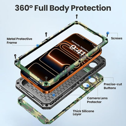 Mitywah Waterproof Case for iPhone 17 Pro, Rugged Metal Case with Built-in Screen Protector, Heavy Duty Full Body Shockproof Protective Cover 6.3 inch, Camouflage