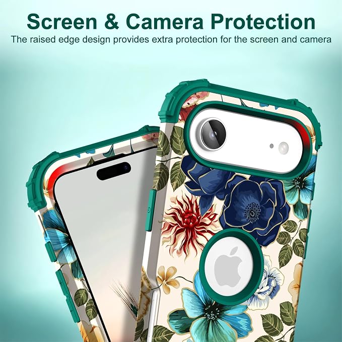 Hocase for iPhone Air Case 6.5", Heavy Duty Shockproof Protection Soft Silicone Rubber+Hard Plastic Bumpers Hybrid Protective Case for iPhone Air 2025 - Teal Flowers