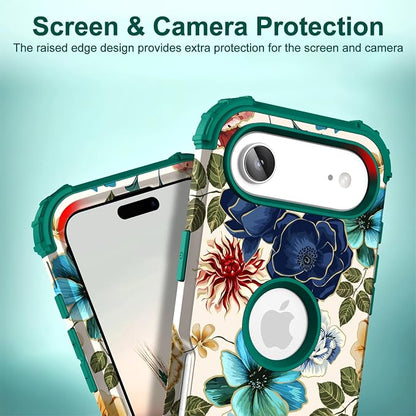 Hocase for iPhone Air Case 6.5", Heavy Duty Shockproof Protection Soft Silicone Rubber+Hard Plastic Bumpers Hybrid Protective Case for iPhone Air 2025 - Teal Flowers