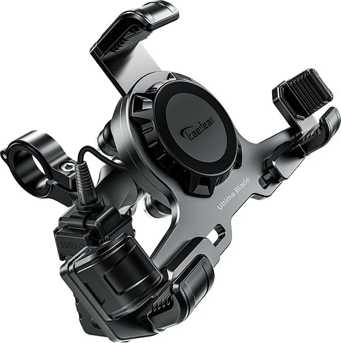 Kaedear Premium Motorcycle Phone Mount, Ql Wireless Charging, Aluminum, Anti-Vibrations, USB Charging, Quick Release Button, Durable, Anti-Theft Mount, Ultima Blade KDR-M27PA-BK (Black)