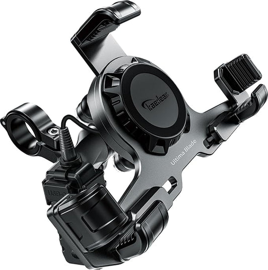 Kaedear Premium Motorcycle Phone Mount, Ql Wireless Charging, Aluminum, Anti-Vibrations, USB Charging, Quick Release Button, Durable, Anti-Theft Mount, Ultima Blade KDR-M27PA-BK (Black)