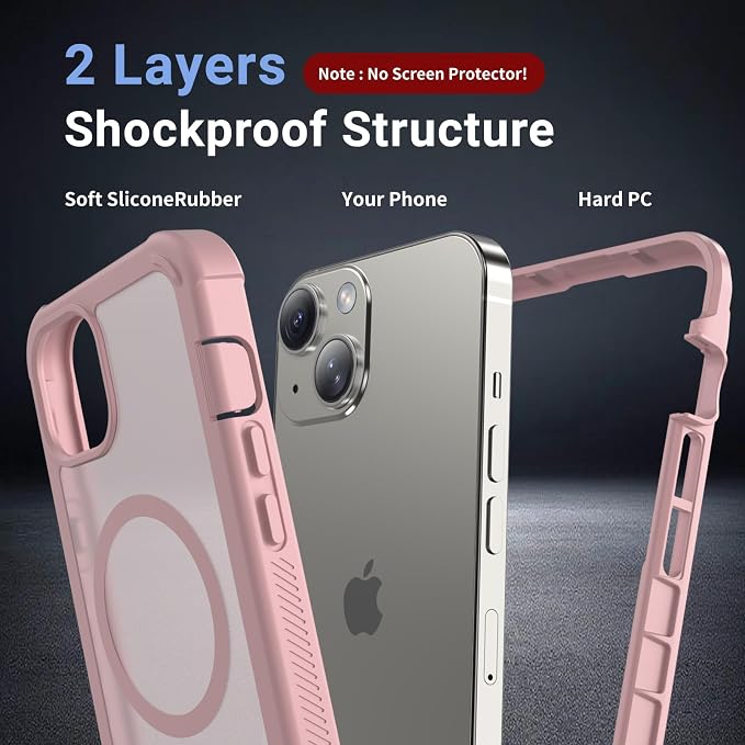 jaroco Magnetic for iPhone 14 Case, [Compatible with MagSafe][Military Grade Drop Protection][Heavy Duty Protection][Non-Slip][Shockproof] 2-Layer Durable Bumper Phone Case 6.1''-Light Pink