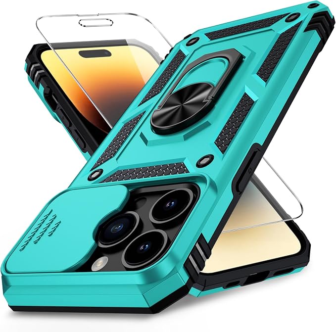 Vinve for iPhone 14 Pro Max Case with Slide Lens Cover HD Screen Protector, Military Grade Drop Protection, Magnetic Rotated Ring Holder Kickstand Protective Phone Case (Ice Green)