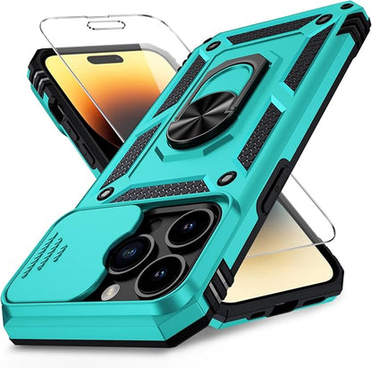 Vinve for iPhone 14 Pro Max Case with Slide Lens Cover HD Screen Protector, Military Grade Drop Protection, Magnetic Rotated Ring Holder Kickstand Protective Phone Case (Ice Green)
