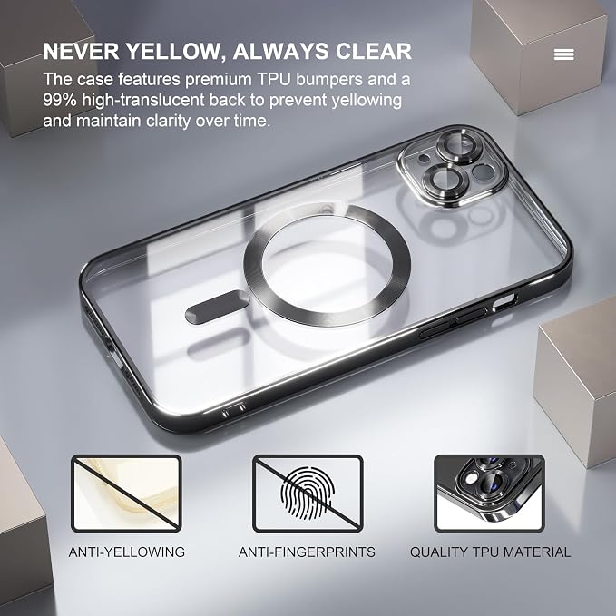 Misea Magnetic for iPhone 15 Case Compatible with MagSafe [Never Yellowing] [Military Grade Drop Protection] Full Camera Lens Protector Plating Soft Clear Phone Case for Women, Black