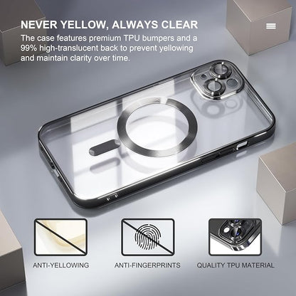 Misea Magnetic for iPhone 15 Case Compatible with MagSafe [Never Yellowing] [Military Grade Drop Protection] Full Camera Lens Protector Plating Soft Clear Phone Case for Women, Black