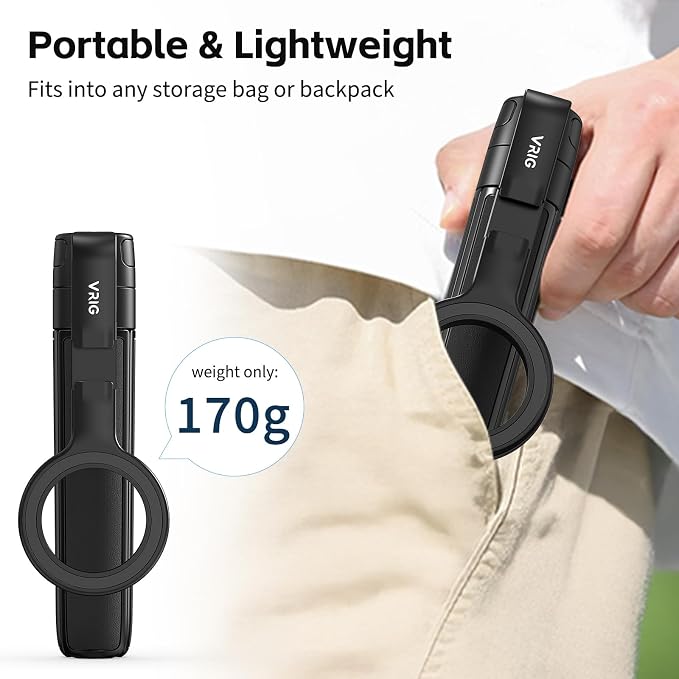 VRIG Magnetic Selfie Stick Tripod for iPhone with Cold Shoe,360 Rotatable Extendable Travel Phone Stand for Video Recording/Vlogging,Strong Holder with Metal Ring for iPhone 12-17/Android