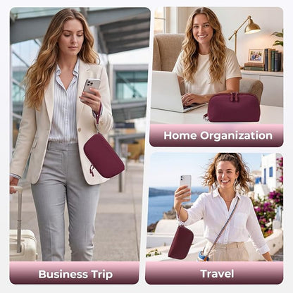 FYY Travel Cable Organizer - 8 Compartments, Lightweight, Water Repellent | With Wrist Strap, Portable Tech Pouch for Cord Charger, Travel and Business Trips Use, Soft Shell Nylon, Wine Red (Large)