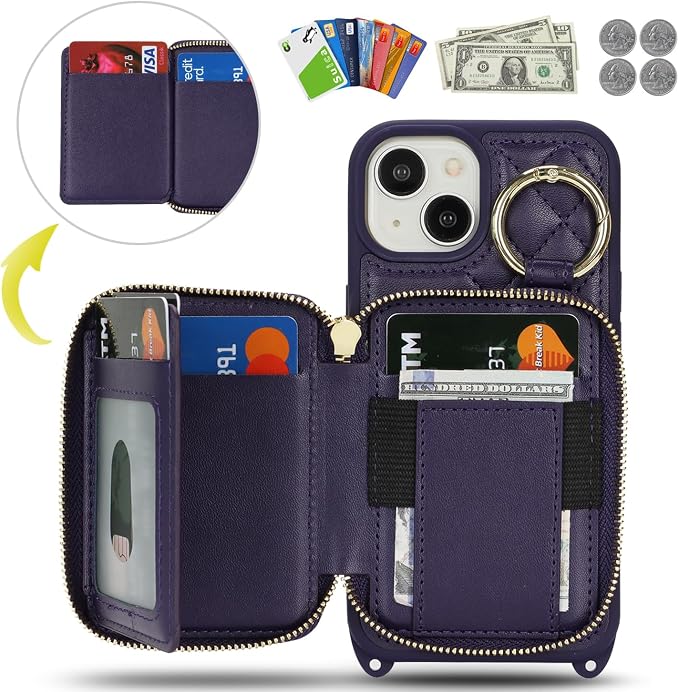Crossbody Wallet Case for iPhone 14, PU Leather Zipper Handbag Purse Flip Cover, Kickstand Folio Case with Card Slots Holder Wrist Strap Lanyard 5G 6.1 Inch-Purple