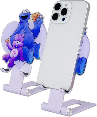 Sonix Character Phone Stand | Adjustable Cell Phone Holder, Desk Stand, Dock | Care Bears x Sesame Street Purple | Share Bear & Cookie Monster