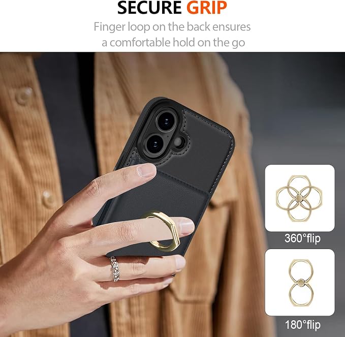 LOHASIC for iPhone 17 Case Wallet with Card Holder, 360° Rotation Ring, RFID Blocking, 5 Card Slots, PU Leather 6.3" Cover for Apple 17 Men Women, Black