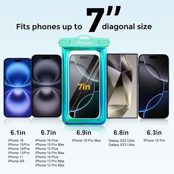 ProCase 2 Pack Floating Waterproof Phone Pouch IPX8,Universal Dry Bag Fits iPhone 17/16/15/14/13 Series,Galaxy S24/S23/S22, Pixel 8/7 (Up to 7”),Touchscreen,Underwater & Snow Protection -Whitegreen