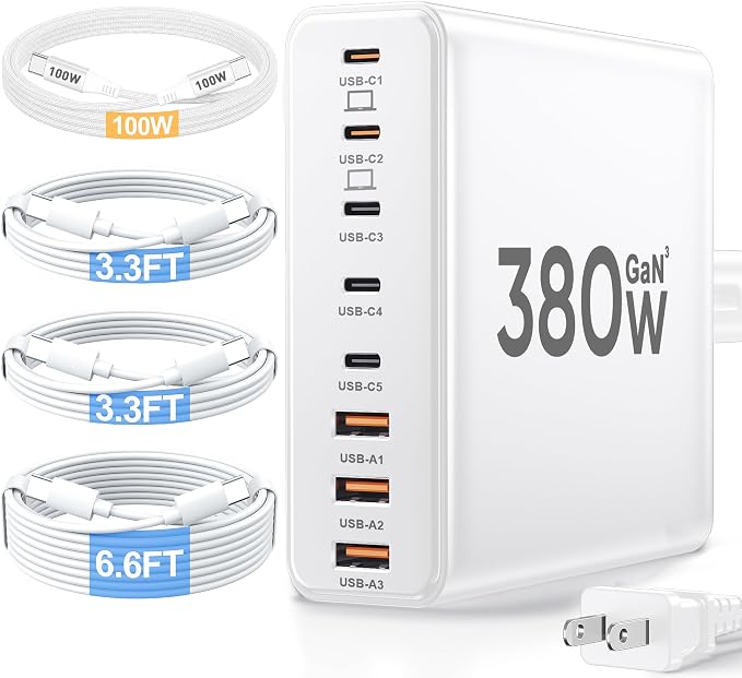 380W USB C Charger Block with 4 USB Cables Dual 100W Charging Station | 8-Port USB C Charging Station Laptop Charger Fast Type C Charging Block for MacBook Pro, Dell XPS, iPhone, iPad, Tablet