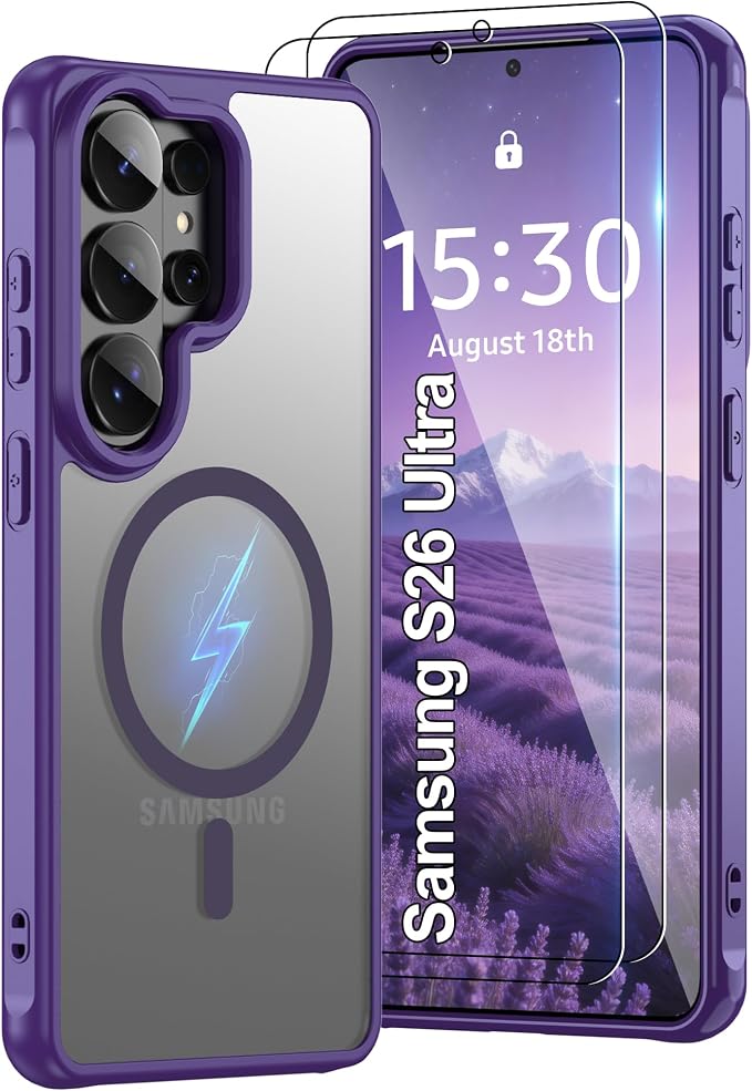 for Galaxy S26 Ultra Phone Case: Samsung S26 Ultra Phone Case with 2PC HD Screen Protector, Wireless Charging S26 Ultra Case Matte Translucent Soft-Touch & Shockproof Funda para S 26 Ultra,Purple