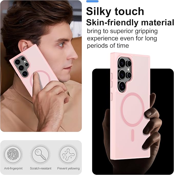 For Samsung Galaxy S24 Ultra Case [Compatible with Magsafe] Translucent Matte Magnetic S24 Ultra Phone Case,SlimThin Duty Shockproof Protection Cover with 2pc HD Screen Protector for S24 Ultra-Pink