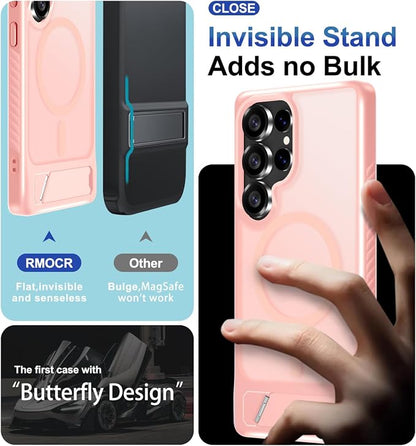 for Samsung Galaxy S25 Ultra Case with Screen Protector+Lanyard Wrist Strap,Magnetic Translucent Matte Rugged Slim Phone Cover Built in Invisible Kickstand [Fit for MagSafe],2025 Cute Pink