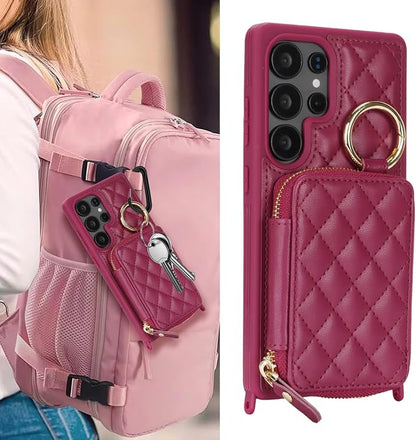 Crossbody Wallet Case for Galaxy S25 Ultra, PU Leather Zipper Handbag Purse Flip Cover, Kickstand Folio Case with Card Slots Holder Wrist Strap Lanyard -Dark red