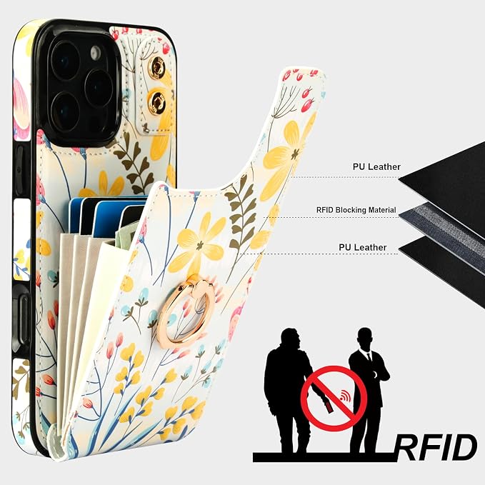 HAOPINSH for iPhone 16 Pro Max Wallet Case with Card Holder, 360°Rotation Ring Kickstand, Floral Flower Pattern, RFID Blocking Leather for Girls Women, Double Buttons Protective Cover 6.9"