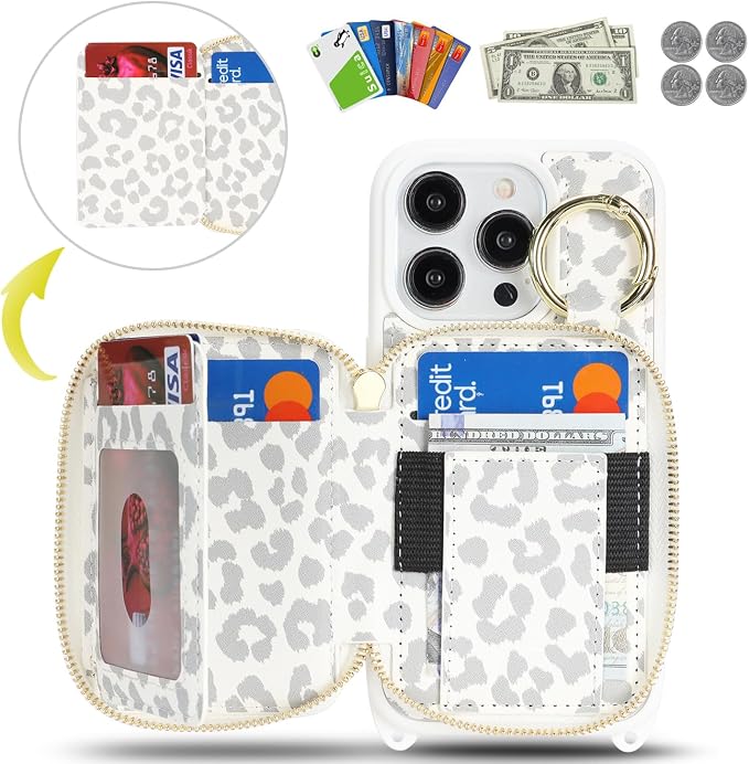 Crossbody Wallet Case for iPhone 14 Pro, PU Leather Zipper Handbag Purse Flip Cover, Kickstand Folio Case with Card Slots Holder Wrist Strap Lanyard 5G 6.1 Inch-White Leopard