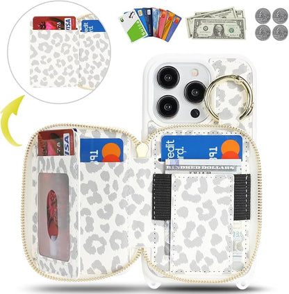 Crossbody Wallet Case for iPhone 14 Pro, PU Leather Zipper Handbag Purse Flip Cover, Kickstand Folio Case with Card Slots Holder Wrist Strap Lanyard 5G 6.1 Inch-White Leopard