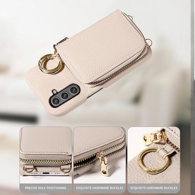 Wallet Case for Samsung Galaxy A26 5G with Shoulder Strap Ring Buckle, Luxury PU Leather Zipper Flip Organ Purse, Credit Card Holder Stand Full Body Cell Phone Cover for A 26 26A LTE White