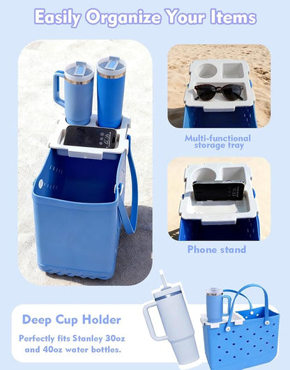 Top Cup Phone Holder Tray Storage Lid for Stanley Compatible with Bogg Bag XL Cover, Cup Organizer Holder Waterproof Silicone Multifunctional Storage Box for Outdoor Beath Camping Travel (Gray, L)