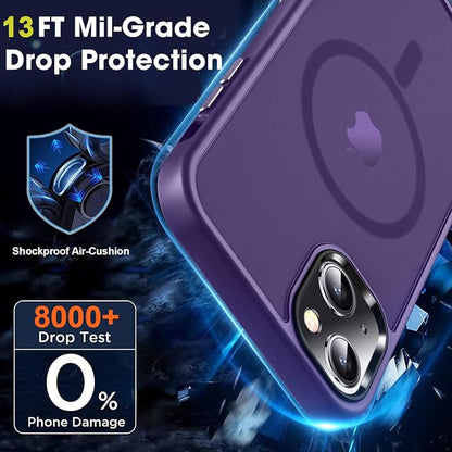 MOCCA Strong Magnetic for iPhone 13 Case, [Compatible with Magsafe][Screen Protector+Camera Lens Protector] Translucent Matte Back Slim Shockproof Case for iPhone 13 Phone Case 6.1", Deep Purple