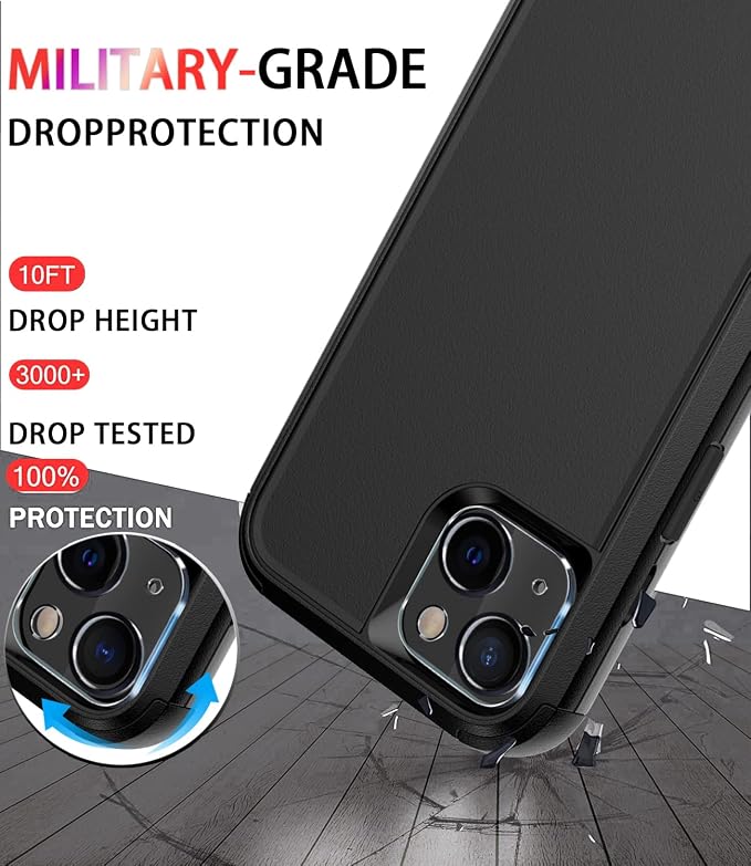 Diverbox for iPhone 13 Case [Shockproof] [Dropproof] [Tempered Glass Screen Protector + Camera Lens Protector],Heavy Duty Protection Phone Case Cover for Apple iPhone 13 (Black)