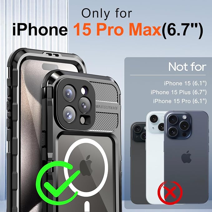 WIFORT for iPhone 15 Pro Max Waterproof Case - Metal Shockproof Phone Case Built-in Screen Protector [IP68 Water Proof][14FT Military Grade ], Heavy Duty Full Body Drop Protection Cover, 6.7" Black