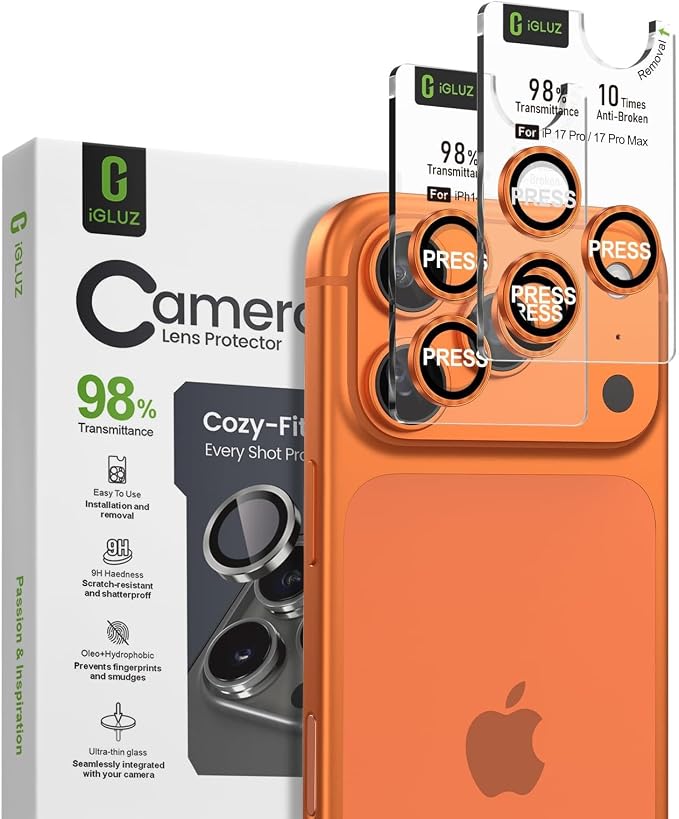 iGluz 2 Pack Anti-Reflection Camera Lens Protector for iPhone 17 Pro Max/iPhone 17 Pro [98% Transmittance][1-Step Installation][Strong Adsorption] 9H Shatterproof Tempered Glass- Cosmic Orange