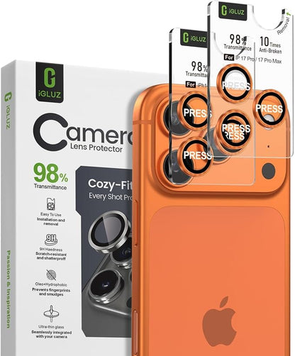 iGluz 2 Pack Anti-Reflection Camera Lens Protector for iPhone 17 Pro Max/iPhone 17 Pro [98% Transmittance][1-Step Installation][Strong Adsorption] 9H Shatterproof Tempered Glass- Cosmic Orange