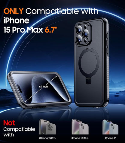 Temdan Magnetic for iPhone 15 Pro Max Case Waterproof, [Built-in Ring Invisible Stand & Screen Protector][IP68 Underwater][Dropproof][Dustproof][Real 360] Shockproof Protective Phone Case 6.7'' -Gray