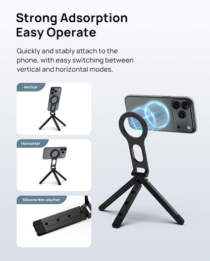 SODI Magnetic Phone Tripod Stand for iPhone - Strong Magnet Foldable Cell Phone Stand for Vlog, Gym, Travel Essentials, Mini Tripod Phone Stand Compatible with iPhone 17 16 15 14 13 12 Series (Black)