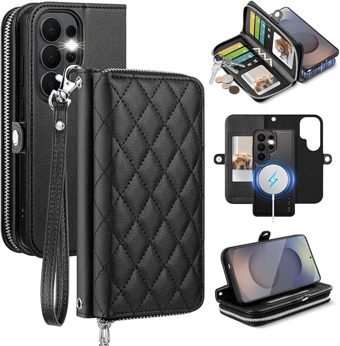 OCASE for Samsung Galaxy S26 Ultra Crossbody Detachable Wallet Case, PU Leather Handbag Phone Purse with Zipper Closure, Card Slots & RFID Blocking, Wrist Strap, Lanyard, Kickstand, Black